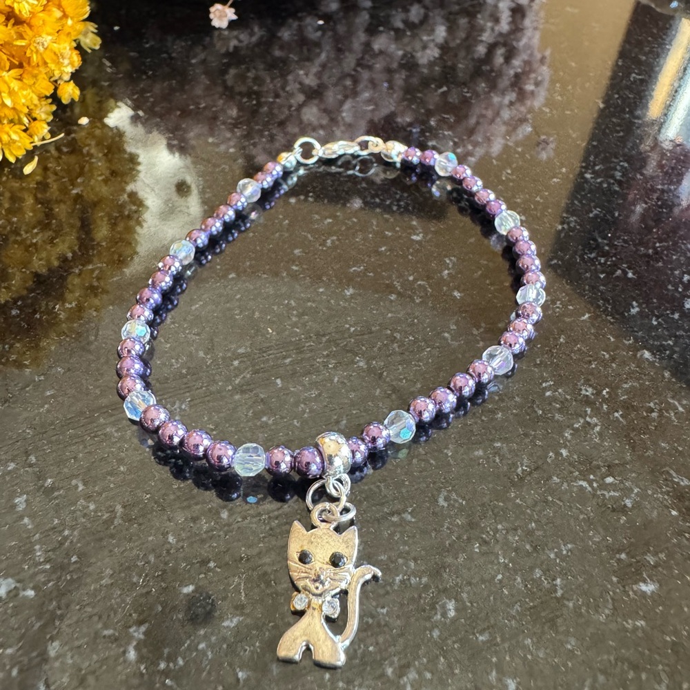 NWT Purple Beaded Cat Charm Bracelet / Anklet
